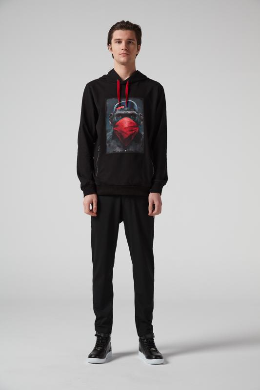 Maymun%20Baskılı%20Kapüşonlu%20Siyah%20Erkek%20Sweatshirt