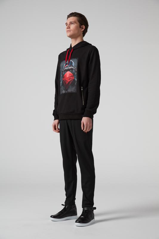 Maymun%20Baskılı%20Kapüşonlu%20Siyah%20Erkek%20Sweatshirt
