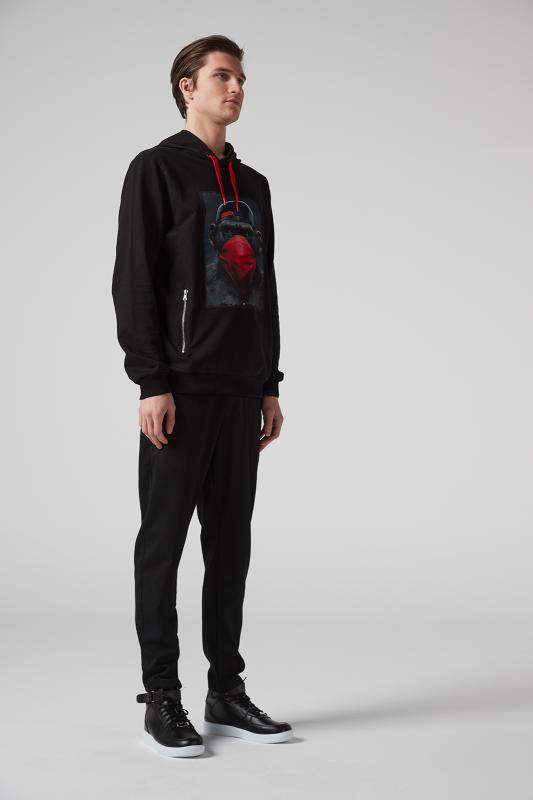 Maymun%20Baskılı%20Kapüşonlu%20Siyah%20Erkek%20Sweatshirt