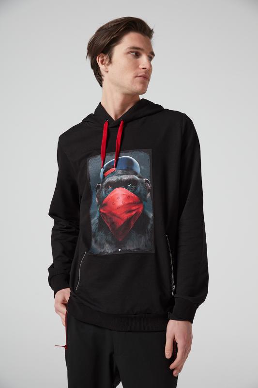 Maymun%20Baskılı%20Kapüşonlu%20Siyah%20Erkek%20Sweatshirt