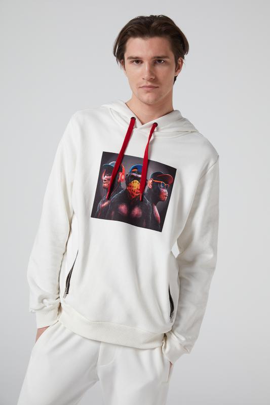 3%20Maymun%20Baskılı,Kapüşonlu,%20Çift%20Fermuar%20Cepli%20Krem%20Erkek%20Sweatshirt
