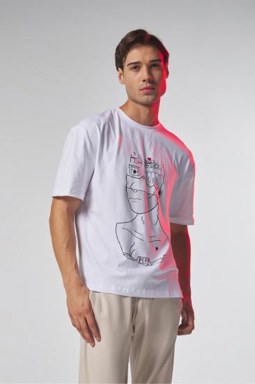 Erkek Beyaz Düşünen Adam Baskılı Oversize Tshirt