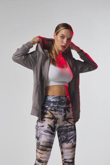 Gri,Kapüşonlu,Fermuarlı,Cepli Kadın Sweatshirt